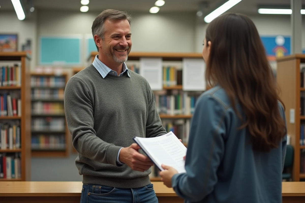 Homme demandant des renseignements à la bibliothèque