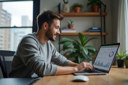 Homme d'affaires regardant des tableaux financiers sur son ordinateur