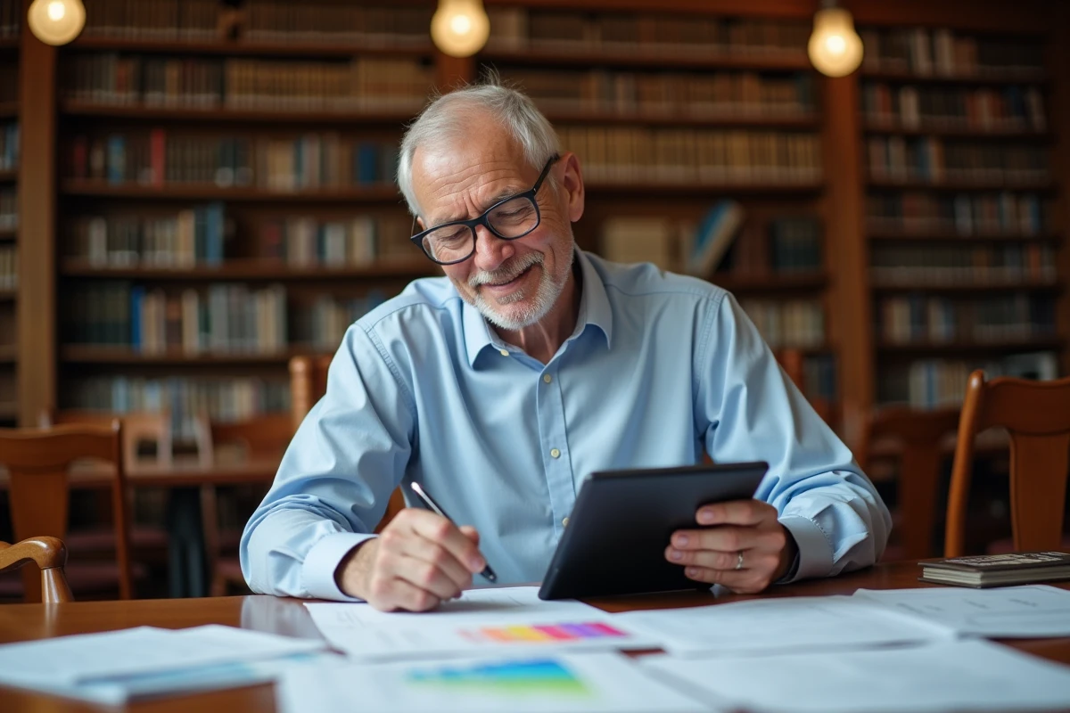 Homme étudiant des plans juridiques dans une bibliothèque