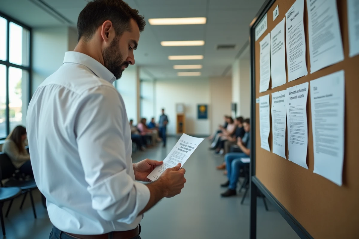 Homme lisant les obligations du demandeur d'emploi affichées dans une salle d'attente d'agence Pôle emploi en France