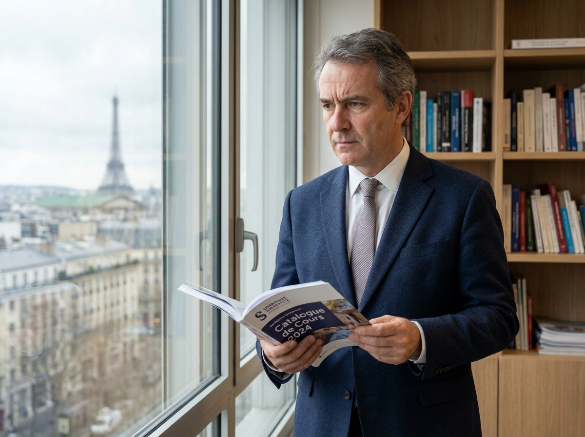 Homme d affaires étudiant un catalogue dans un bureau parisien