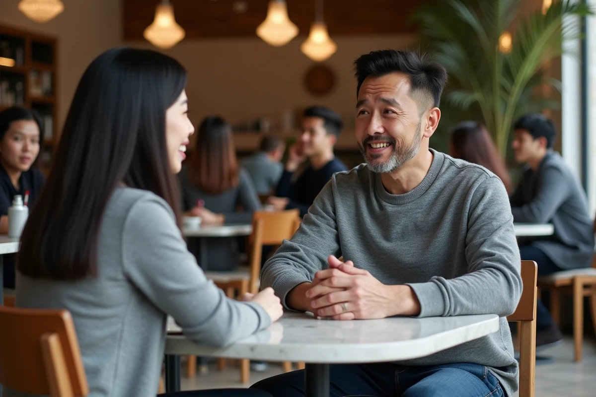 Homme pratiquant les questions d'entretien de naturalisation à voix haute avec une tutrice dans un café parisien