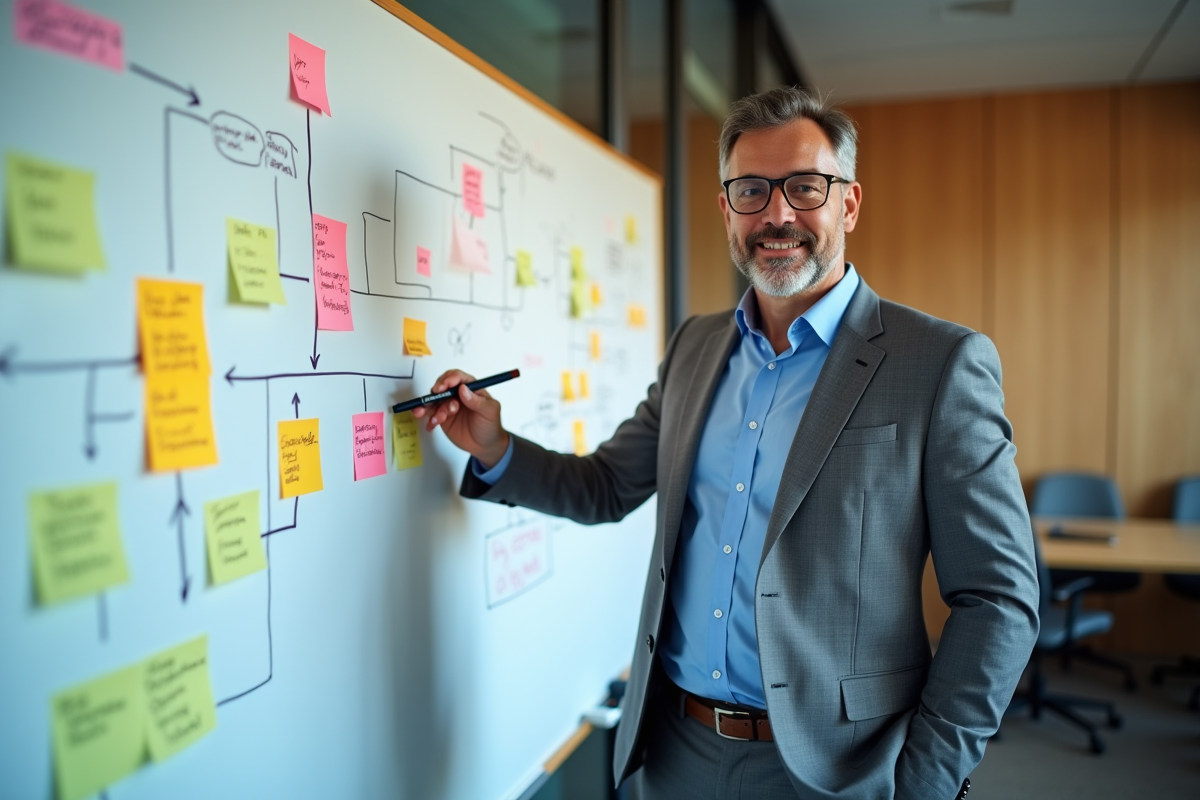 Homme en costume expliquant un plan d