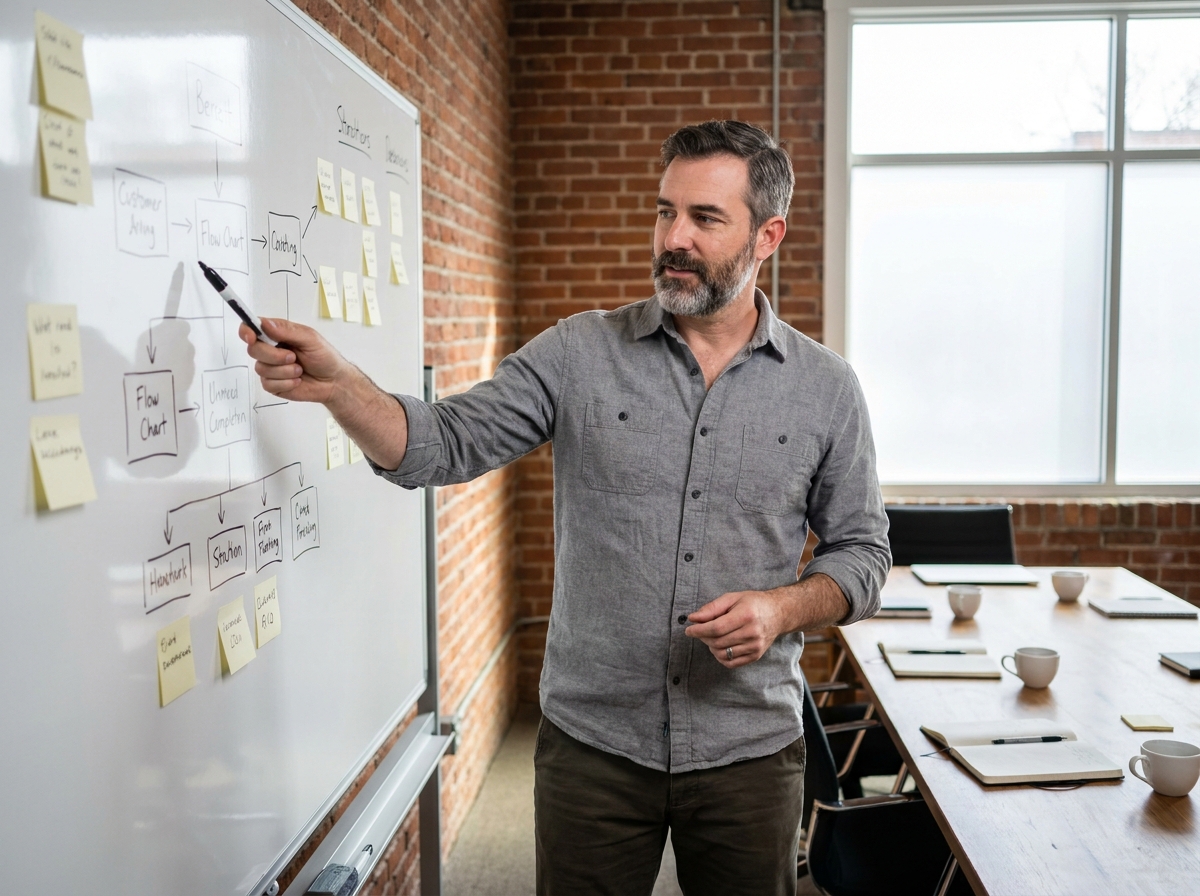 Homme présentant des idées sur un tableau blanc dans une salle de réunion de style startup