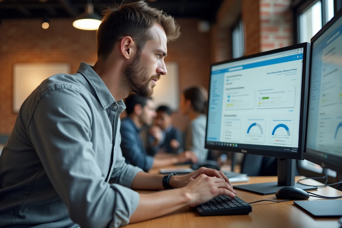 Homme en train de saisir des raccourcis sur le portail métier 76 dans un espace de coworking