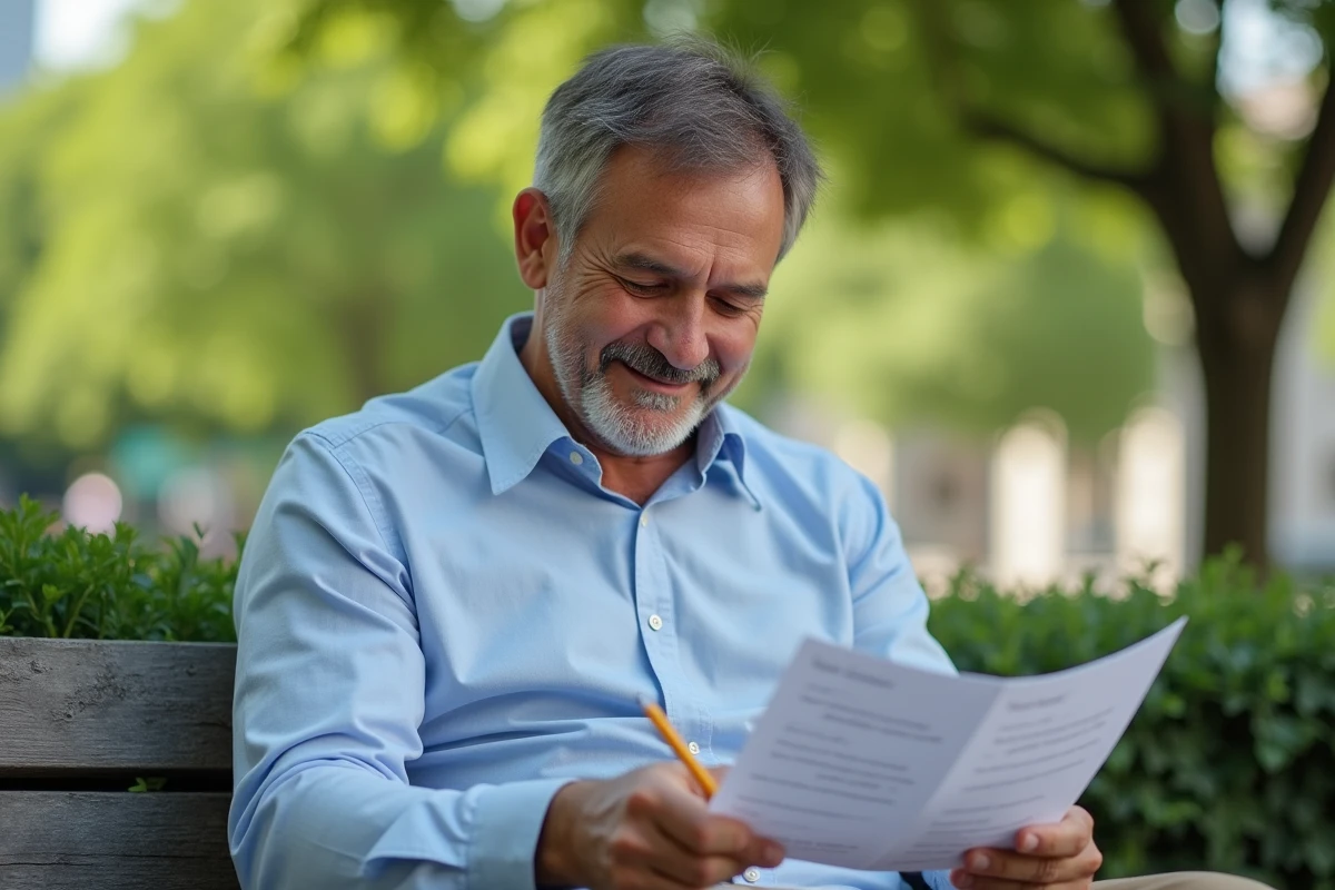 Homme révisant la grammaire française en plein air
