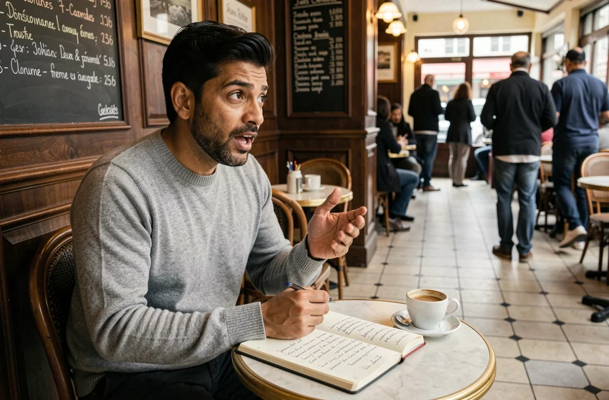 Homme révisant ses notes pour le questionnaire de naturalisation dans un café parisien
