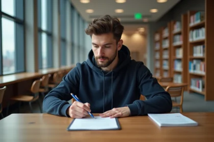 Jeune homme sans papiers remplissant des formulaires administratifs dans une bibliothèque publique pour accéder à une formation professionnelle