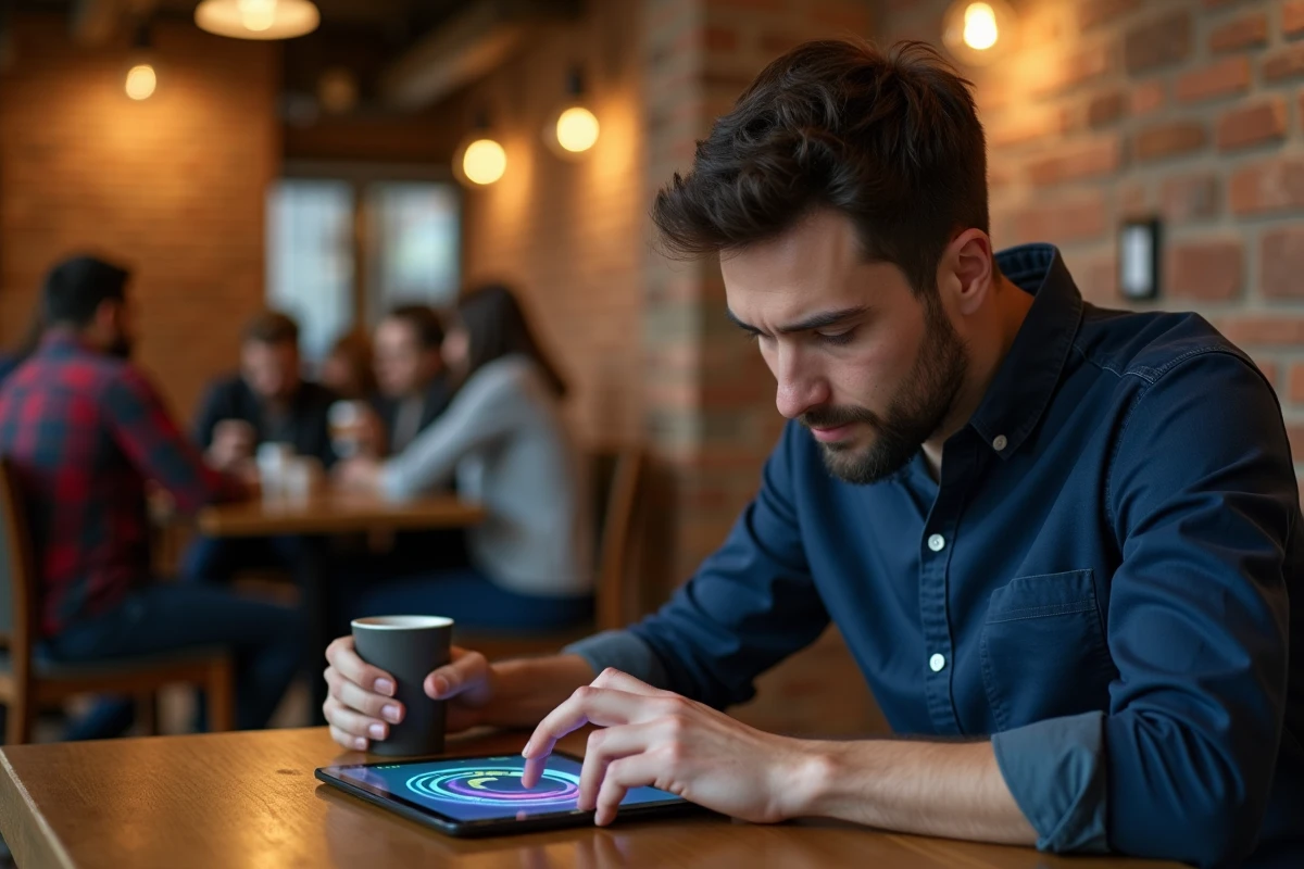 Homme en train de passer un test de QI gratuit sur une tablette dans un café moderne
