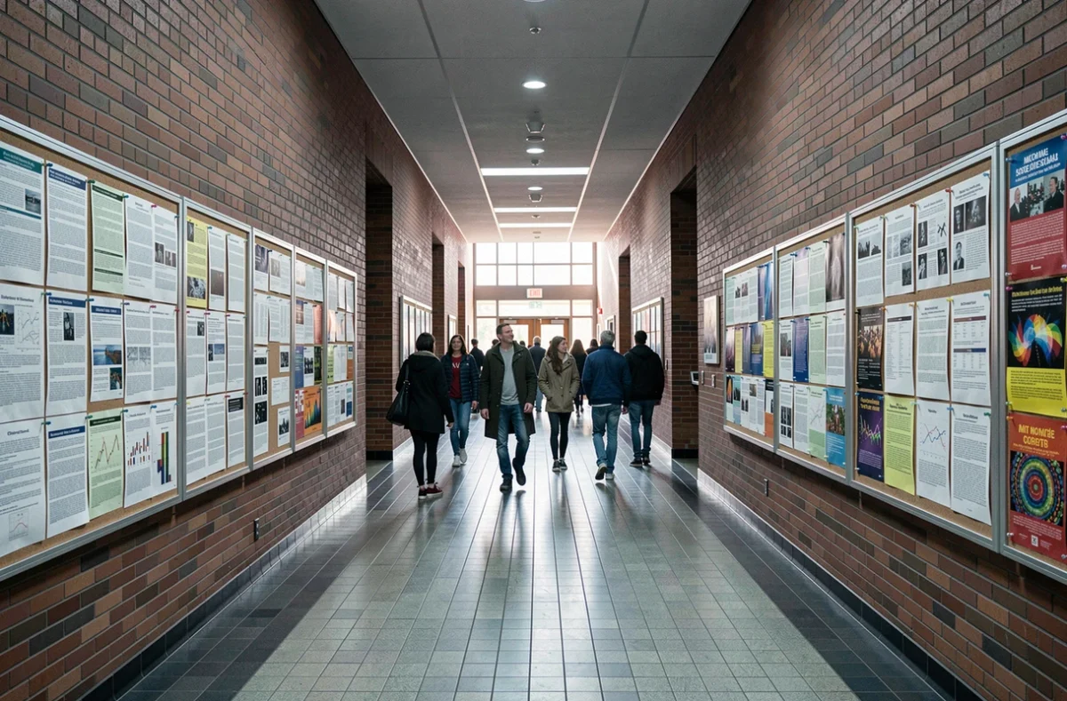 L'Infinite Corridor du MIT avec des étudiants et des visiteurs se promenant dans ce couloir emblématique