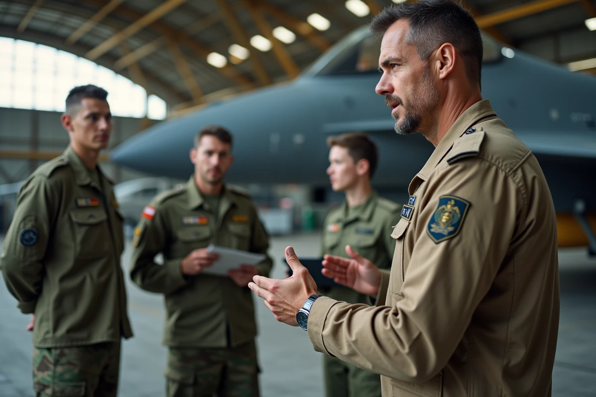 Instructeur militaire expliquant les instruments d'un cockpit à des candidats pilotes de chasse en formation dans un hangar