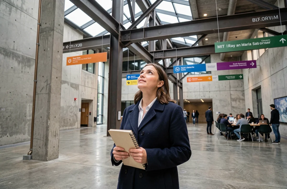 Une voyageuse admirant l'architecture intérieure du Stata Center du MIT avec un carnet de voyage