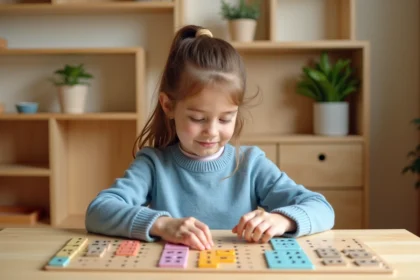 Jeune fille manipulant des tuiles de multiplication Montessori sur un tapis de travail en bois en classe