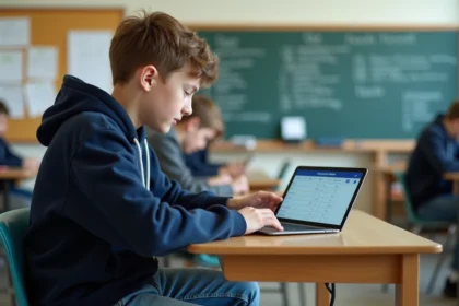 Adolescent en hoodie organisant son emploi du temps sur une tablette