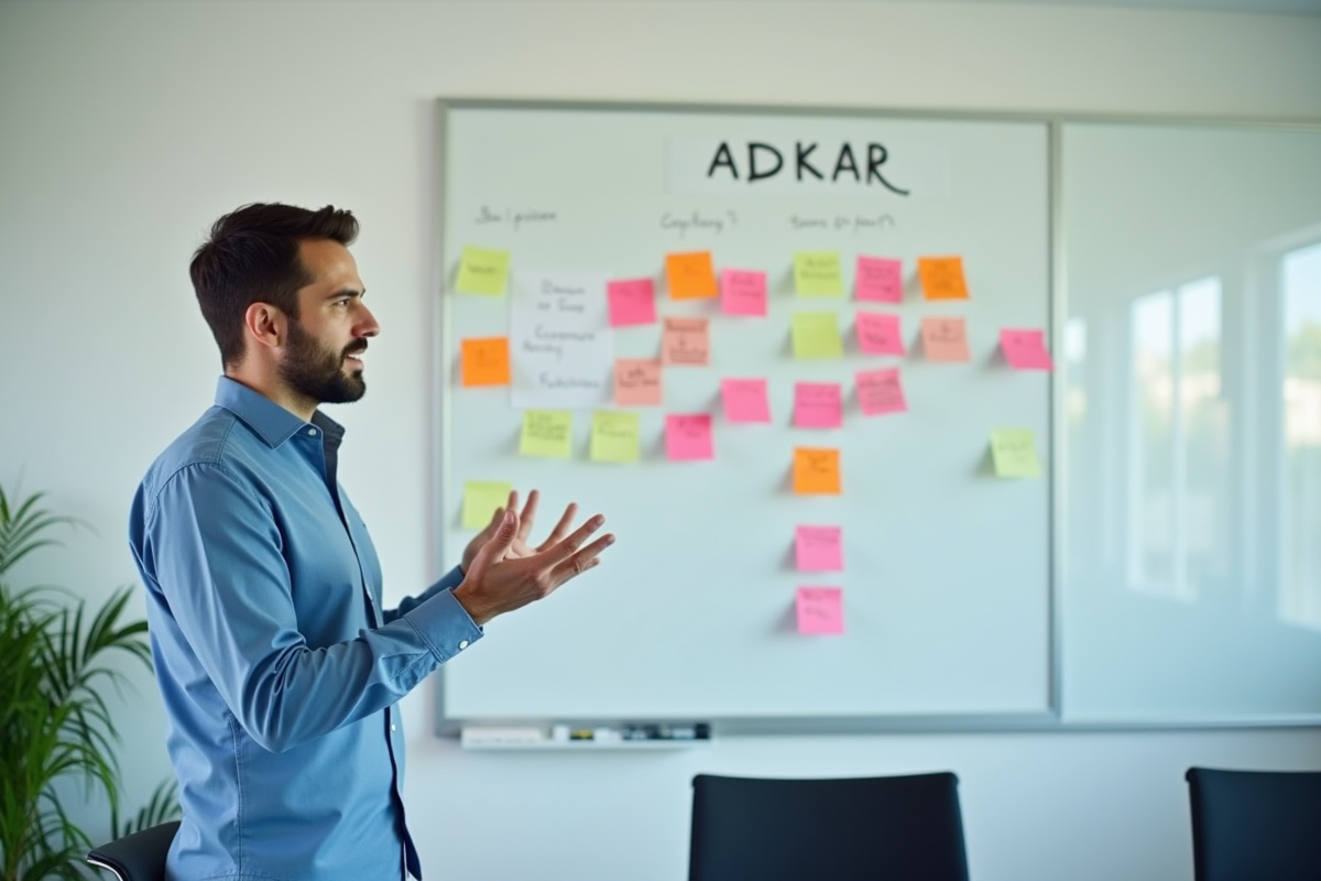 Jeune consultant expliquant le processus ADKAR avec un tableau blanc