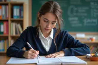 Jeune enseignante en classe préparant une fiche