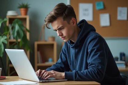 Jeune étudiant frustré devant son ordinateur portable dans sa chambre