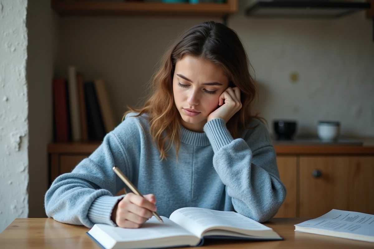 Jeune femme concentrée à étudier l'espagnol à la maison