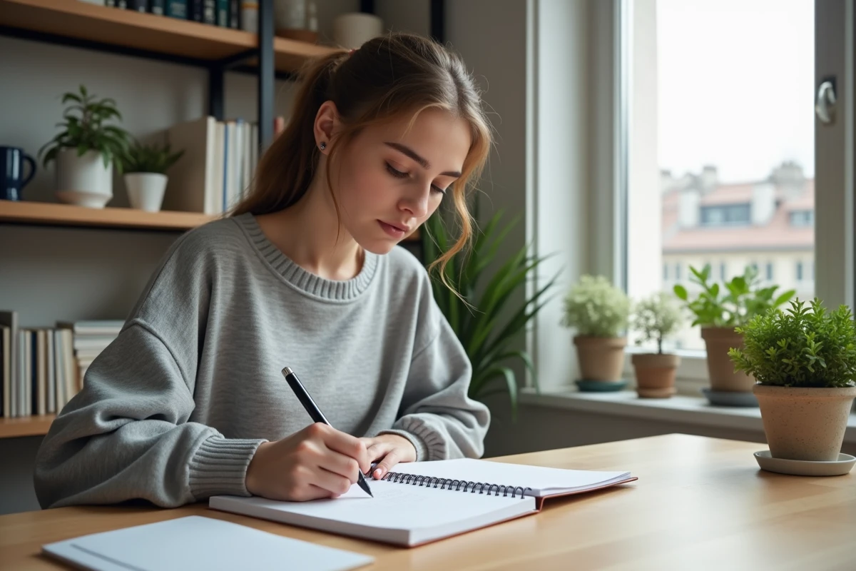 Jeune femme écrit une liste de verbes français dans un cahier