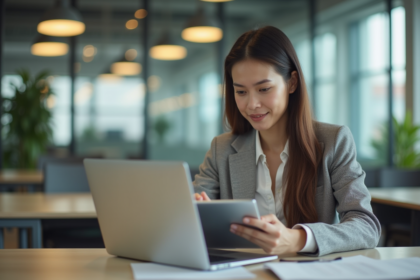 Jeune femme professionnelle travaillant sur un bureau moderne
