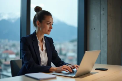 Jeune femme en bureau à Grenoble avec ordinateur portable