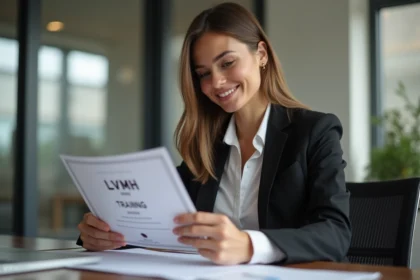 Jeune femme élégante souriante avec certificat LVMH dans un bureau moderne