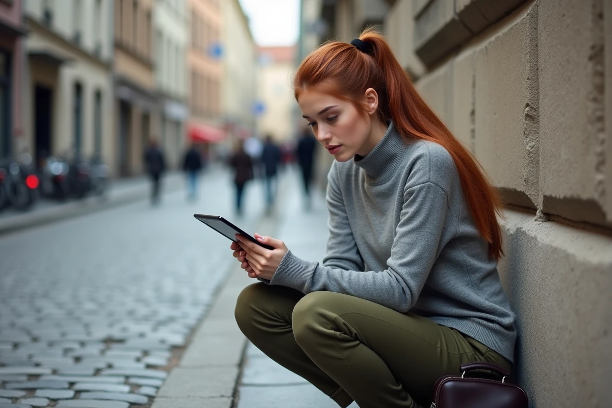 Jeune femme consultant le portfolio d'une école de photographie sur une tablette en extérieur dans une rue pavée