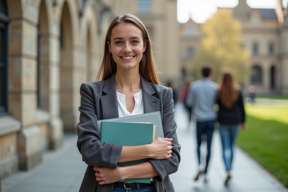 Jeune femme confiante portant diplômes en extérieur