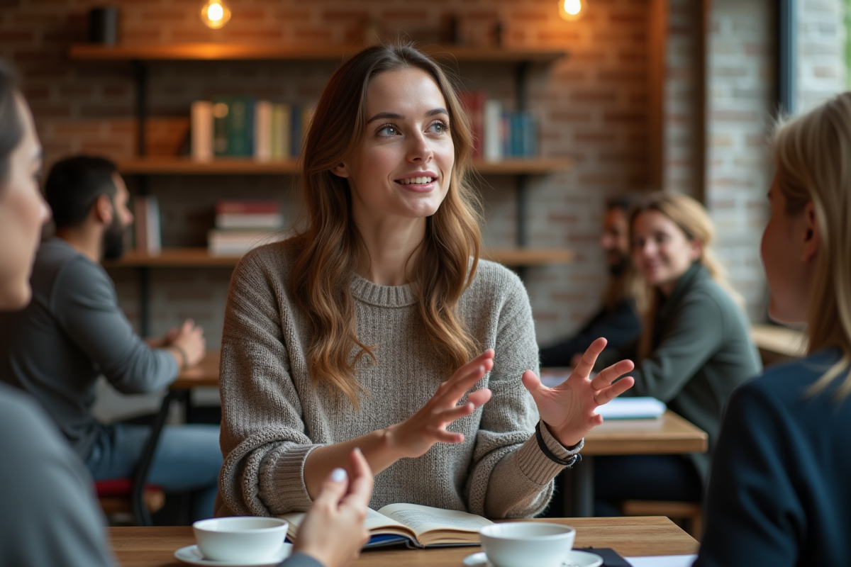 Jeune femme discutant dans un café chaleureux