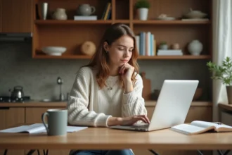 Jeune femme concentrée à étudier dans une cuisine chaleureuse