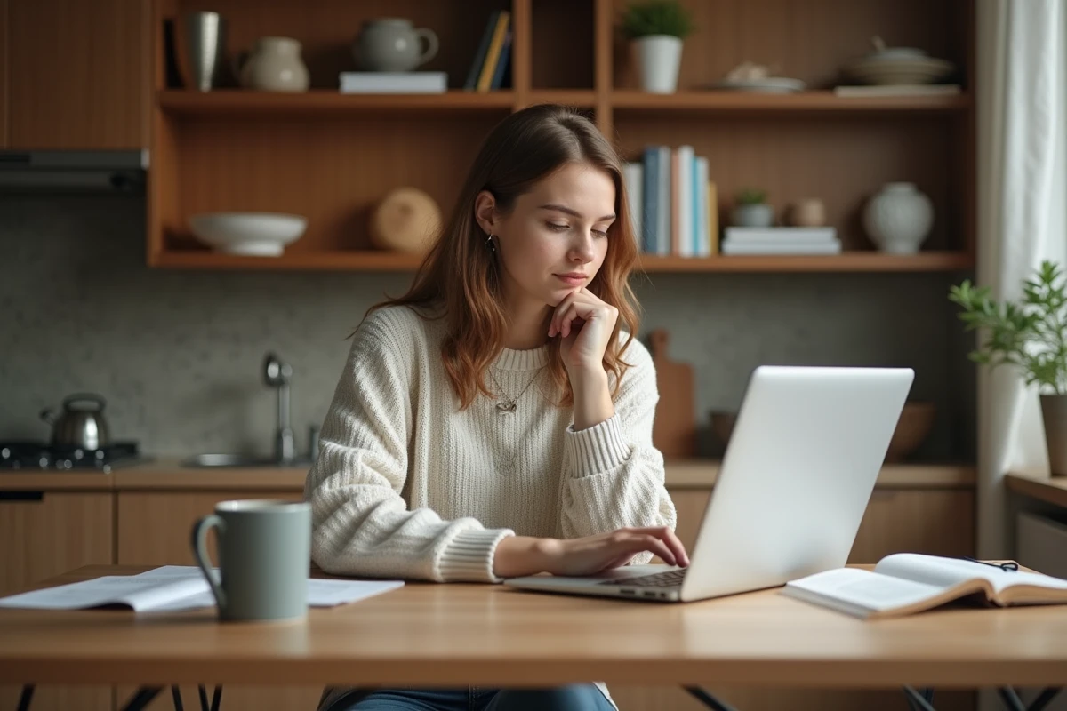 Jeune femme concentrée à étudier dans une cuisine chaleureuse