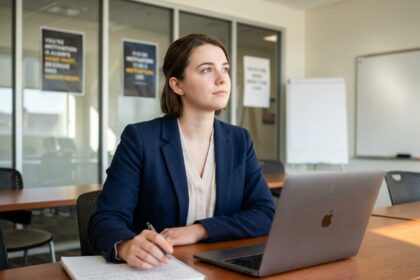 Jeune femme en classe moderne prenant des notes