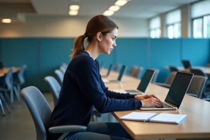 Jeune femme étudiante travaillant sur un ordinateur dans un laboratoire moderne