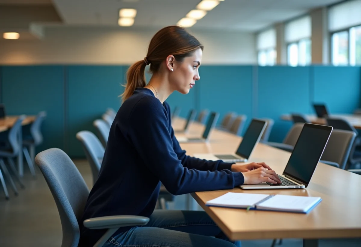 Jeune femme étudiante travaillant sur un ordinateur dans un laboratoire moderne