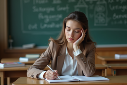 Jeune femme en blazer écrit dans un cahier à l'université