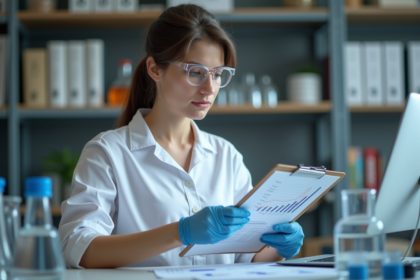 Jeune femme en laboratoire examinant des graphiques