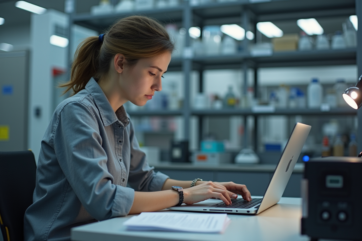 Étudiante en laboratoire avec ordinateur et dispositif quantique