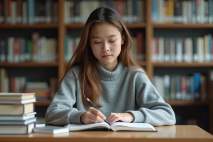 Jeune femme lisant un livre en bibliothèque universitaire