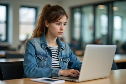 Jeune femme en denim et rayures sur un bureau d'université