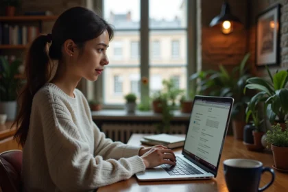Jeune femme regardant un ordinateur avec portail Sorbonne