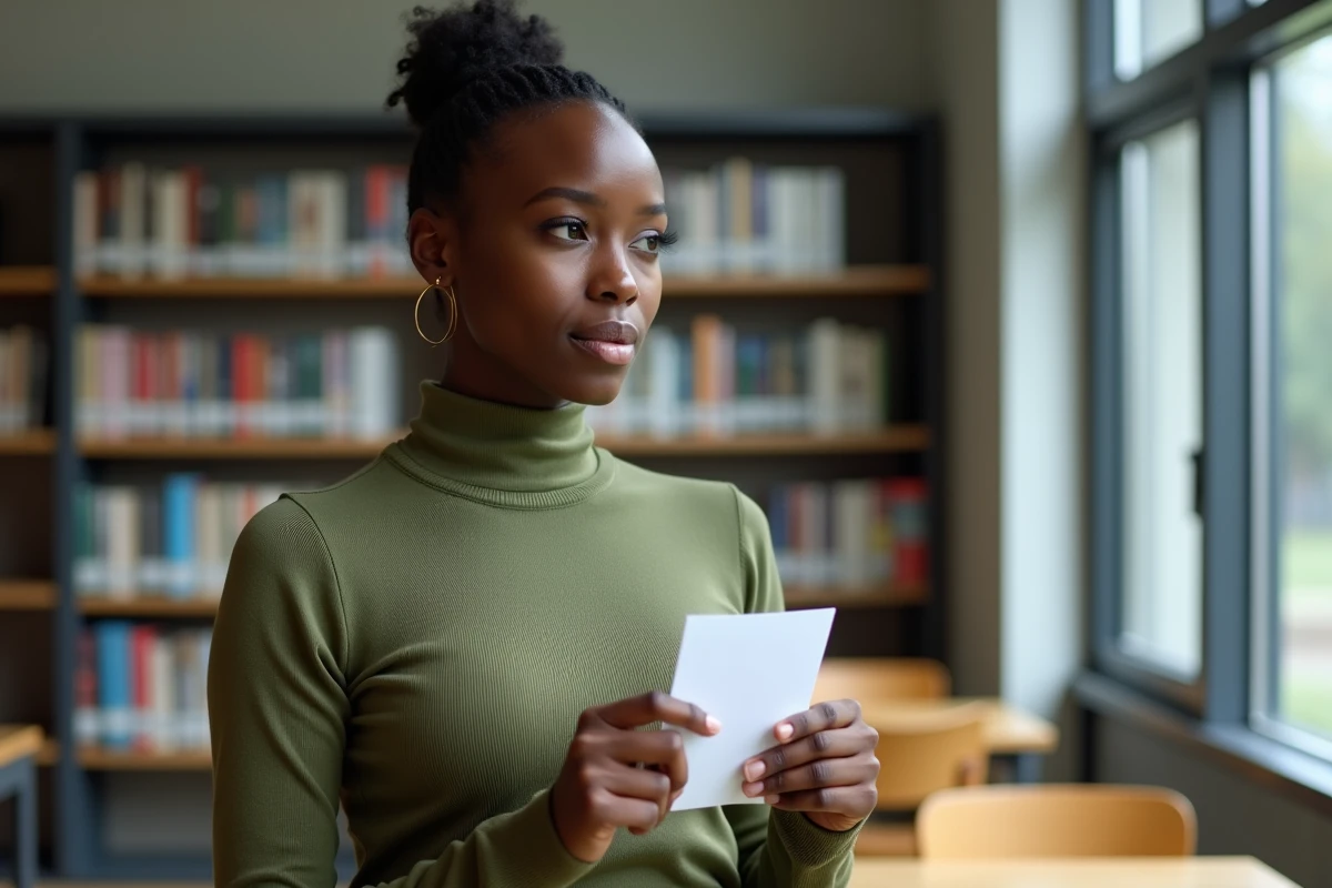 Jeune femme révisant les questions de naturalisation avec des fiches dans une bibliothèque publique