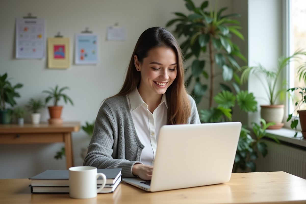 Jeune femme utilise son ordinateur à la table dans un espace lumineux