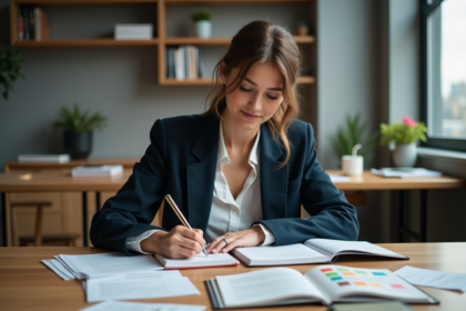 Jeune femme en blazer prenant des notes dans un bureau moderne