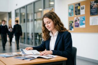 Jeune fille au lycée consulte des brochures avec optimisme