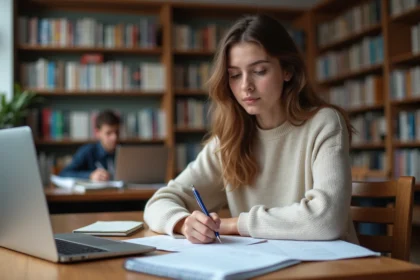 Jeune femme concentrée remplissant un dossier Parcoursup à la bibliothèque