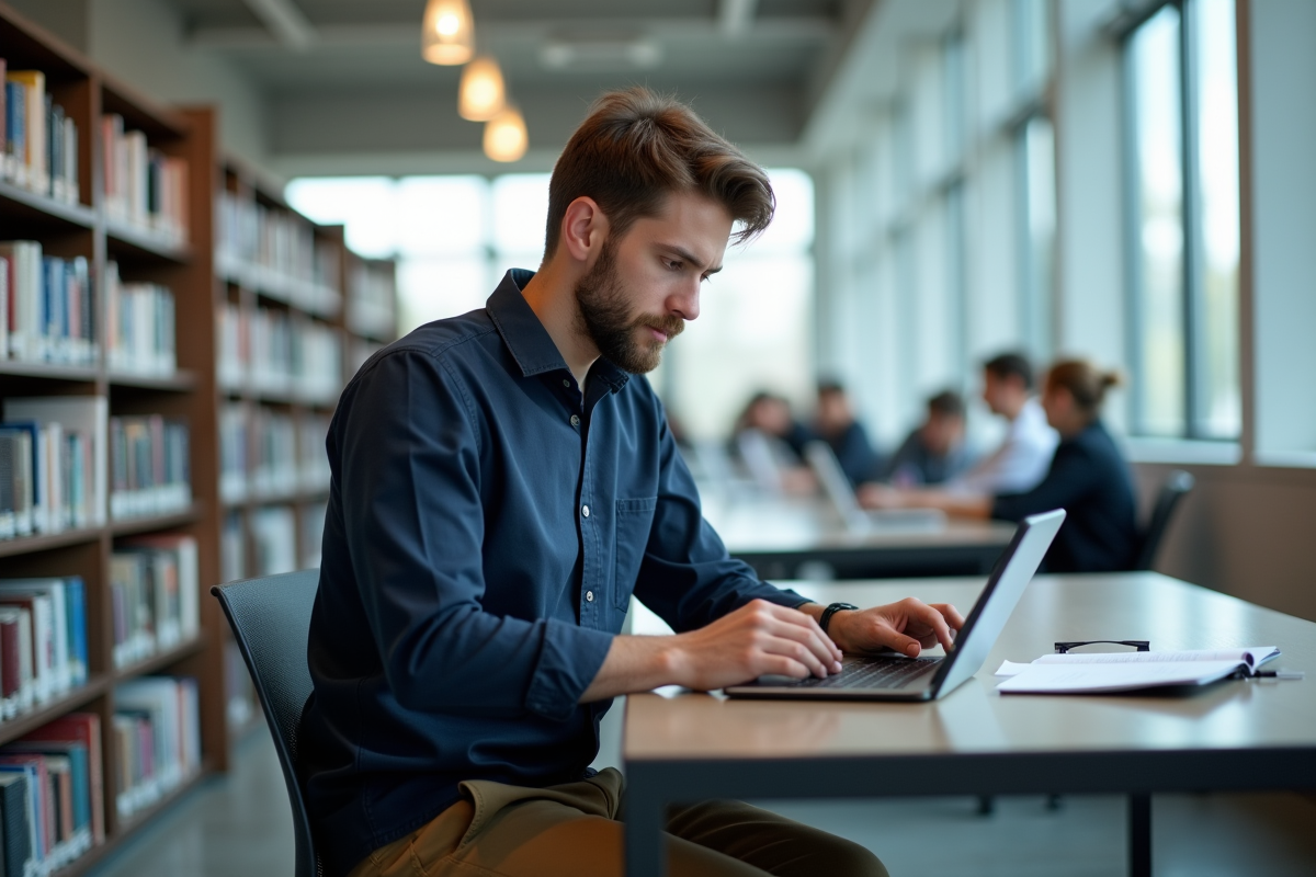 Jeune homme étudiant dans une bibliothèque universitaire avec tablette