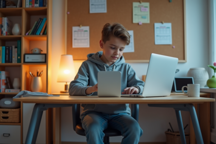 Adolescent en tenue décontractée prépare son ordinateur dans sa chambre