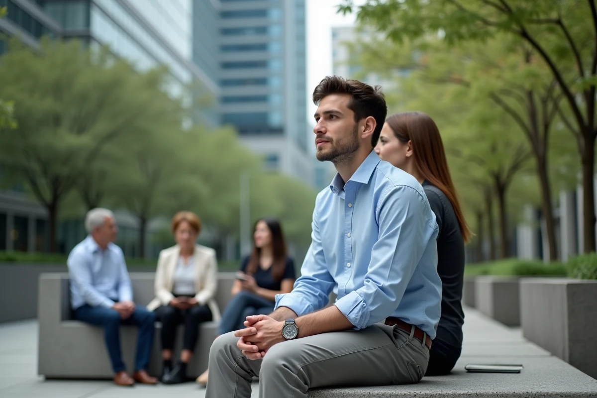 Jeune homme écoutant ses collègues en extérieur