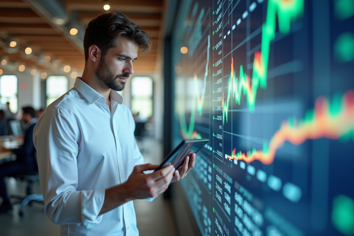 Jeune homme analysant un tableau financier dans un espace de coworking