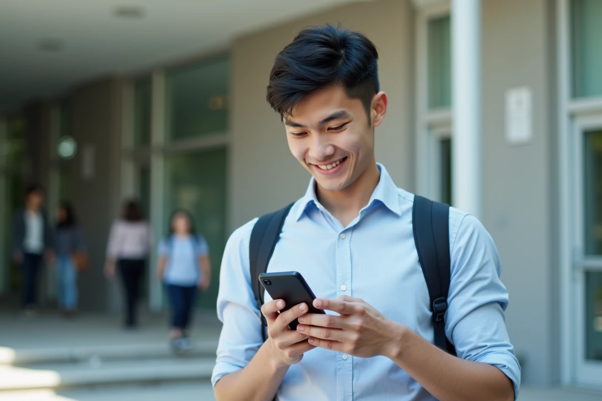 Jeune homme vérifiant ses messages devant une université